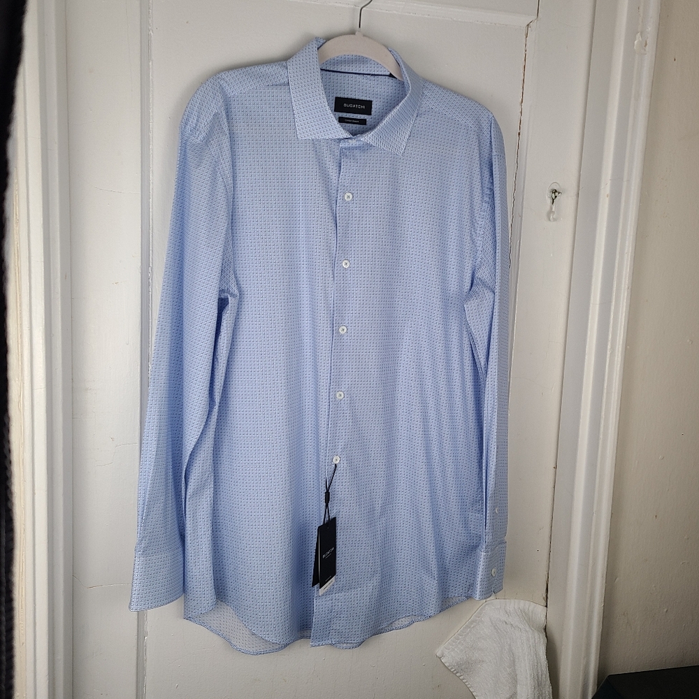 Bugatchi Long Sleeves Button Down Shirt Size 17×34/35 Blue Geometric NWT.
